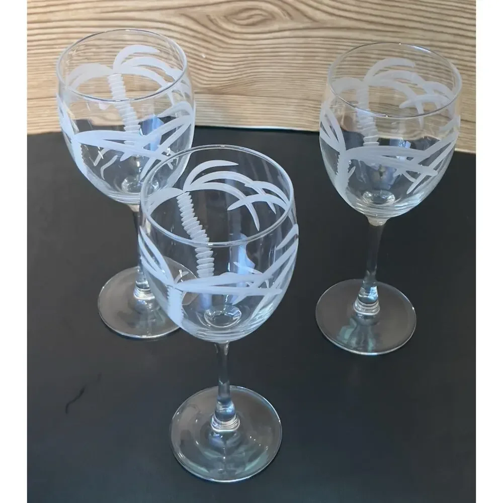 3 Rolf Retired Rolf Glass Palm Tree Etched Wine Glasses 8” - Picture 2 of 6